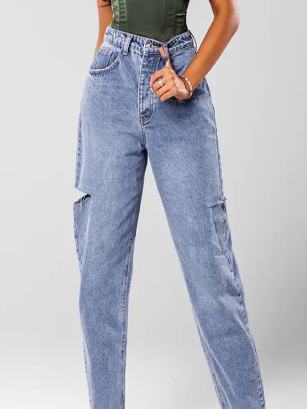 Mid Wash Thigh Split Baggy Boyfriend Jeans